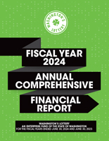 2024 Washington's Lottery Annual Financial Report cover with angular green ribbon on black.